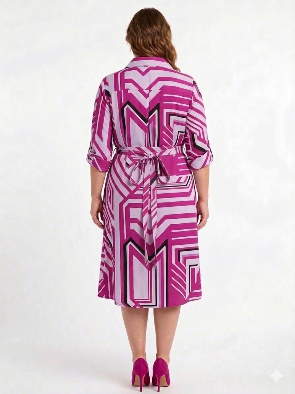 NWT New York & Company Geometric Midi Shirt Dress in Fuchsia and White - Picture 3 of 4